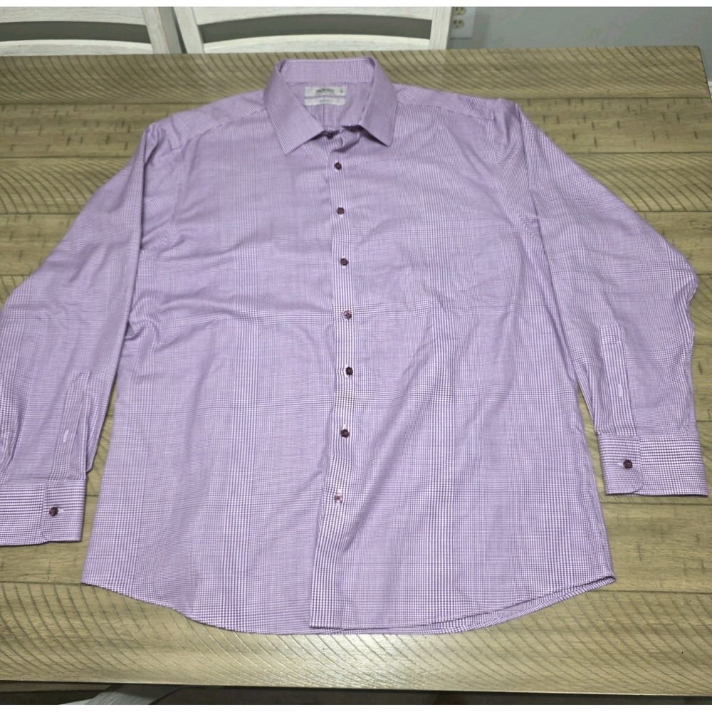 Murano Slim Fit Dress Shirt 18 34/35 Purple White Micro Check Houndstooth L/S